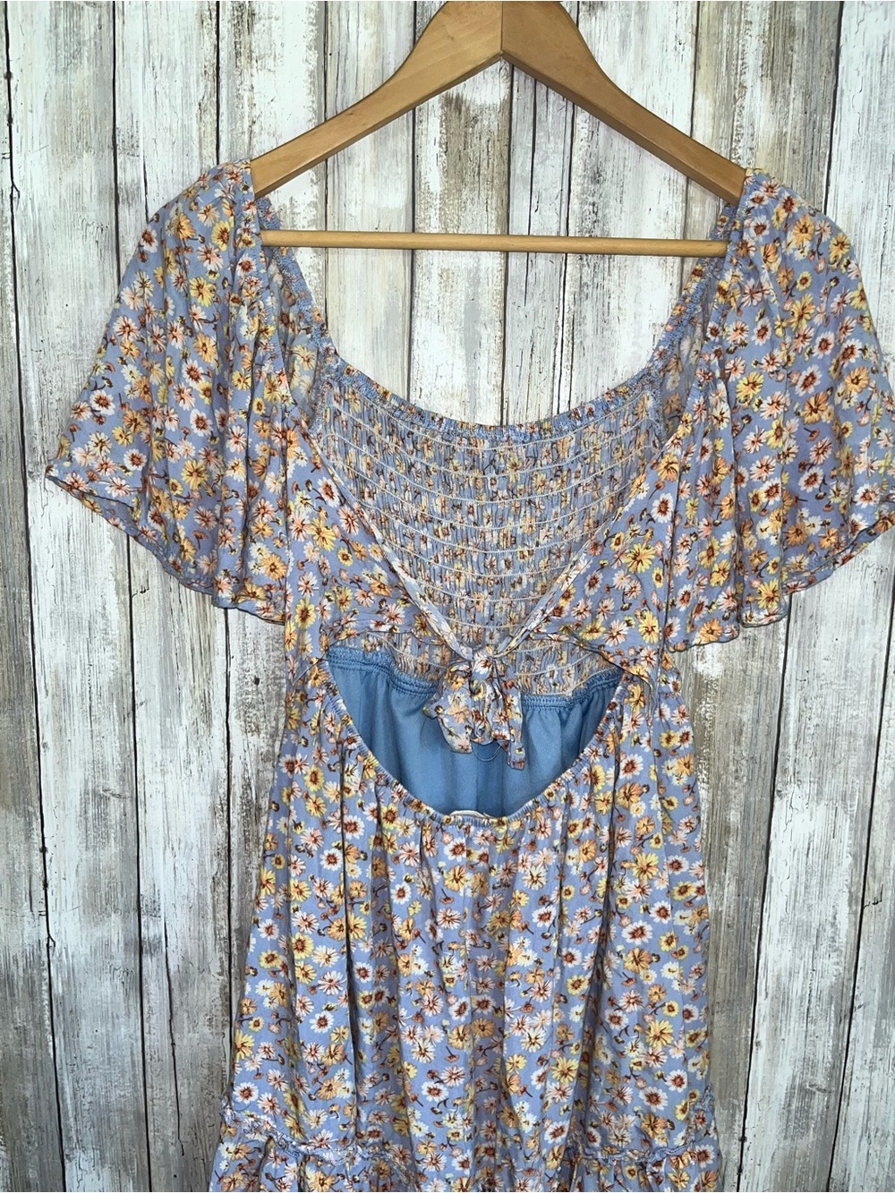 Altar’d State Blue Floral Smocked Mini Dress Open Back Puff Sleeve Cottagecore - Picture 5 of 6